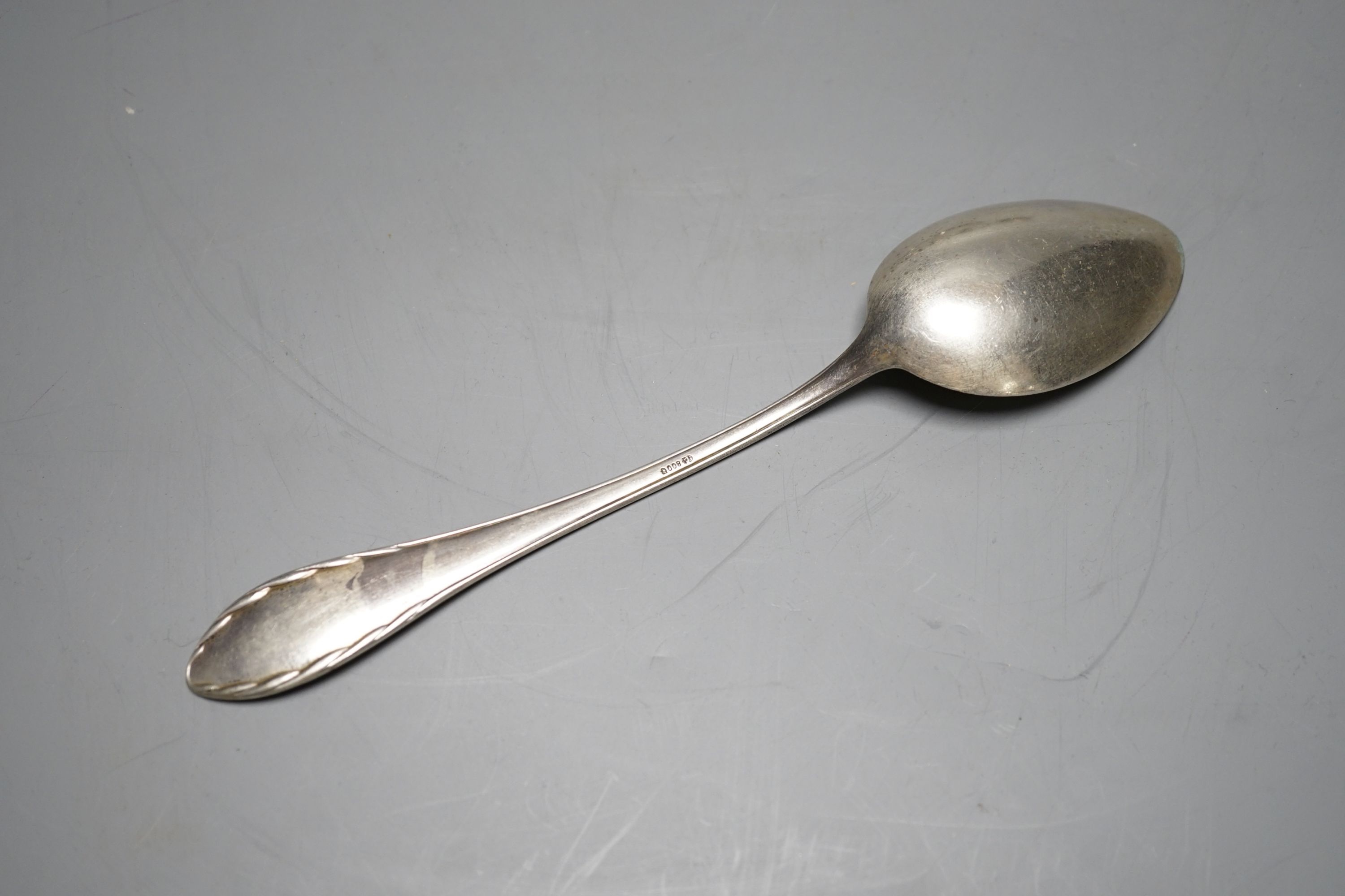 A set of six German 800 standard white metal table spoons, 12oz.